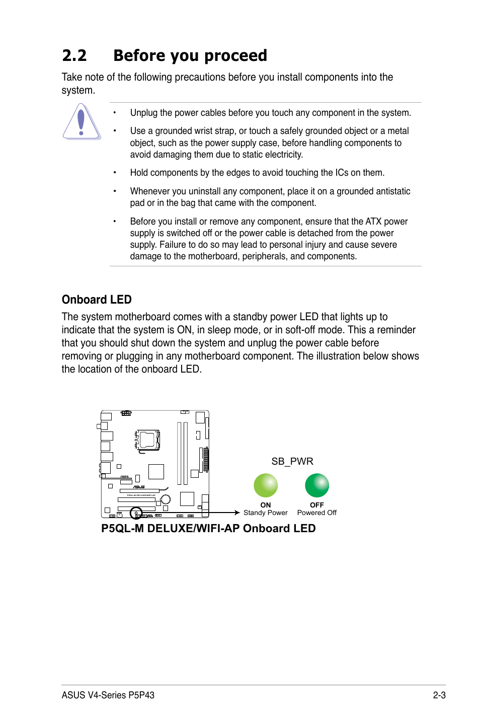 2 before you proceed, Onboard led | Asus V4-P5P43 User Manual | Page 21 / 112