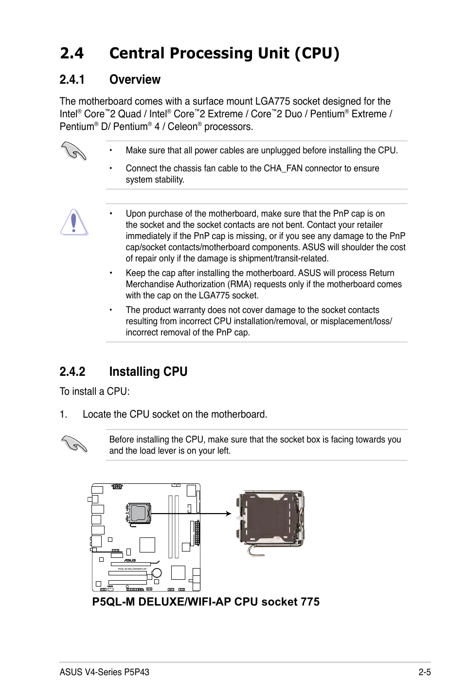 4 central processing unit (cpu), 1 overview 2.4.2 installing cpu, P5ql-m deluxe/wifi-ap cpu socket 775 | Asus V4-P5P43 User Manual | Page 23 / 112