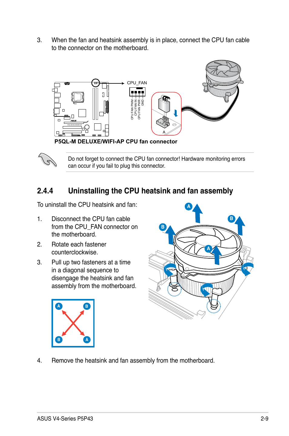 4 uninstalling the cpu heatsink and fan assembly | Asus V4-P5P43 User Manual | Page 27 / 112