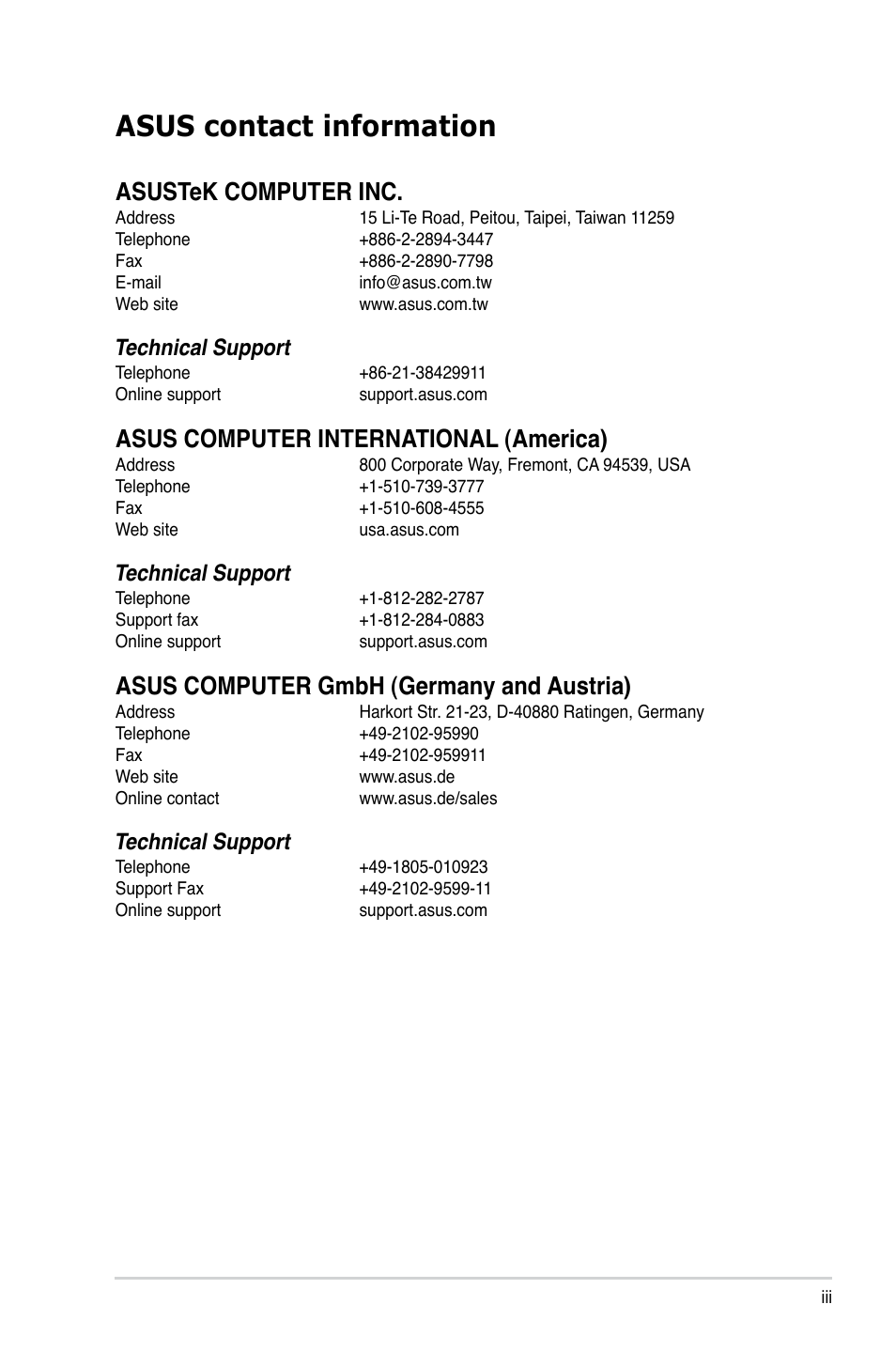 Asus contact information, Asustek computer inc, Asus computer international (america) | Asus computer gmbh (germany and austria), Technical support | Asus V4-P5P43 User Manual | Page 3 / 112