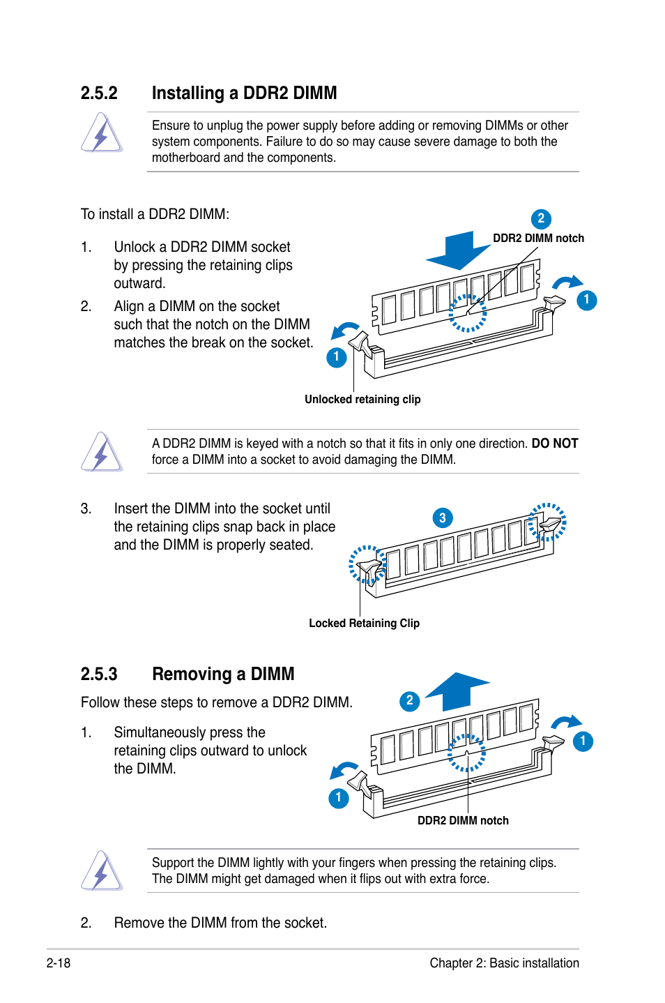 3 removing a dimm, 2 installing a ddr2 dimm | Asus V4-P5P43 User Manual | Page 36 / 112