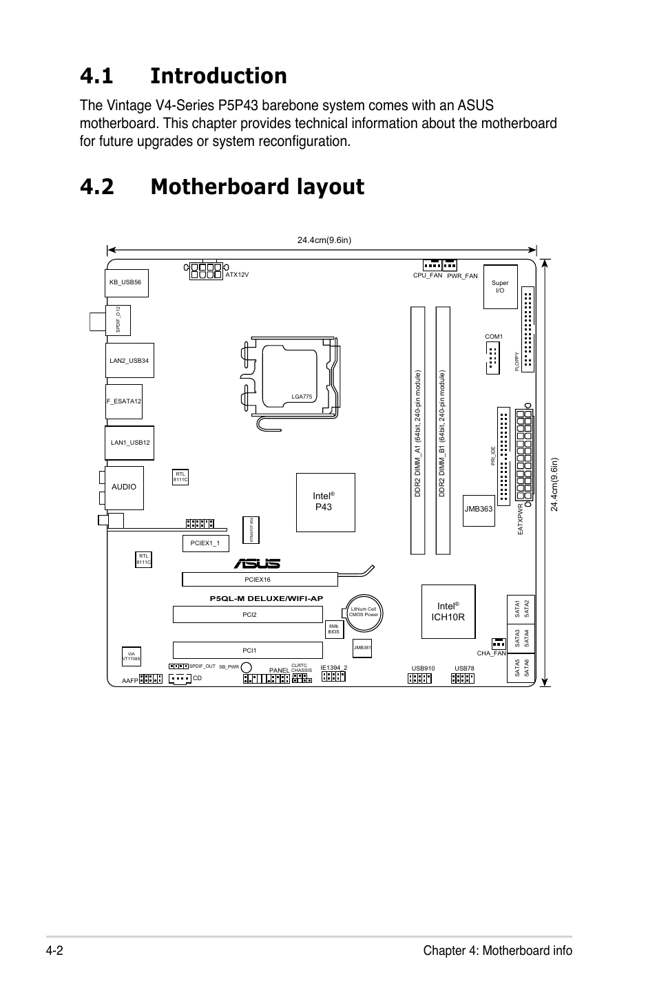 1 introduction, 2 motherboard layout, 2 chapter 4: motherboard info | Asus V4-P5P43 User Manual | Page 64 / 112