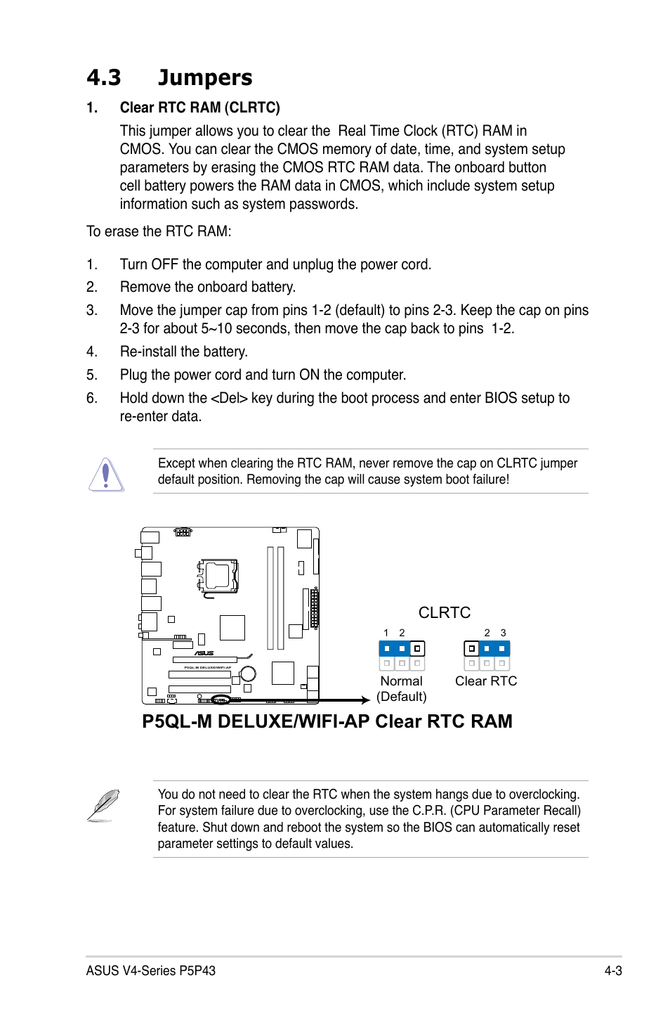 3 jumpers, P5ql-m deluxe/wifi-ap clear rtc ram | Asus V4-P5P43 User Manual | Page 65 / 112