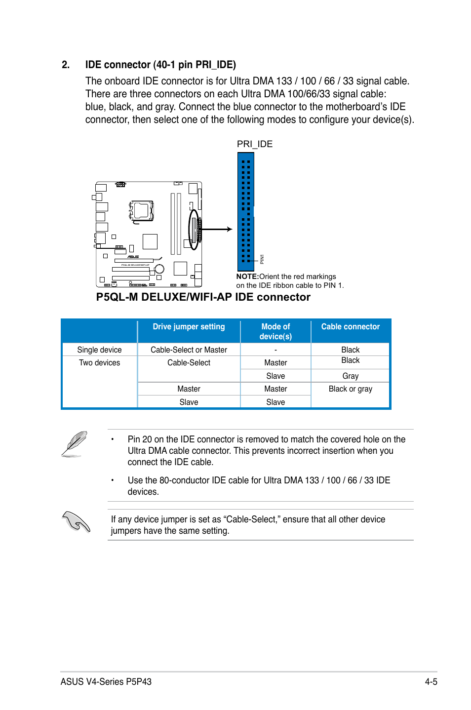 P5ql-m deluxe/wifi-ap ide connector | Asus V4-P5P43 User Manual | Page 67 / 112