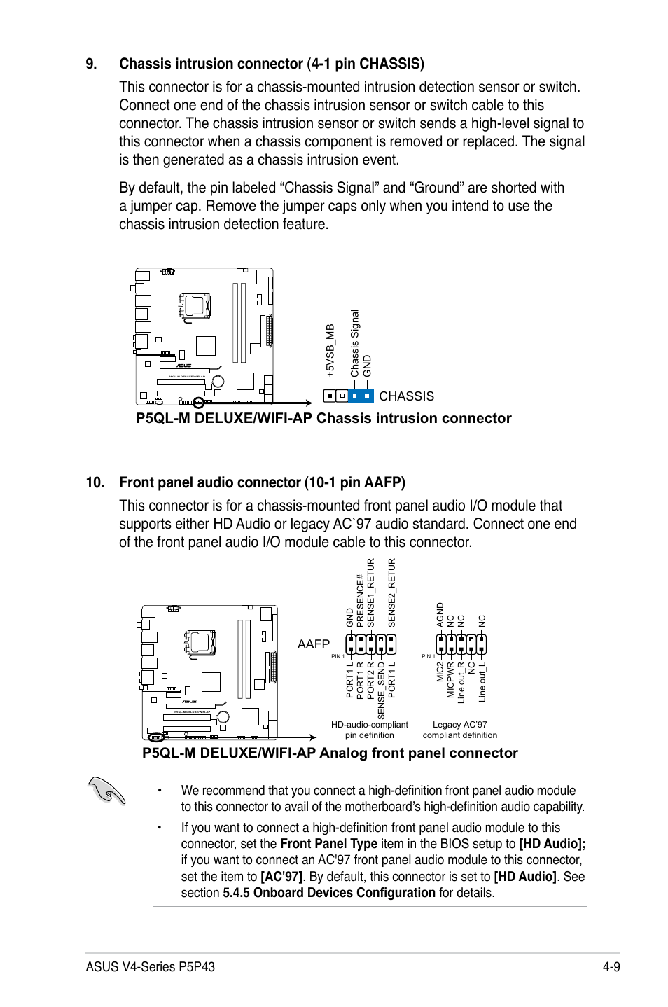 P5ql-m deluxe/wifi-ap chassis intrusion connector, P5ql-m deluxe/wifi-ap analog front panel connector | Asus V4-P5P43 User Manual | Page 71 / 112