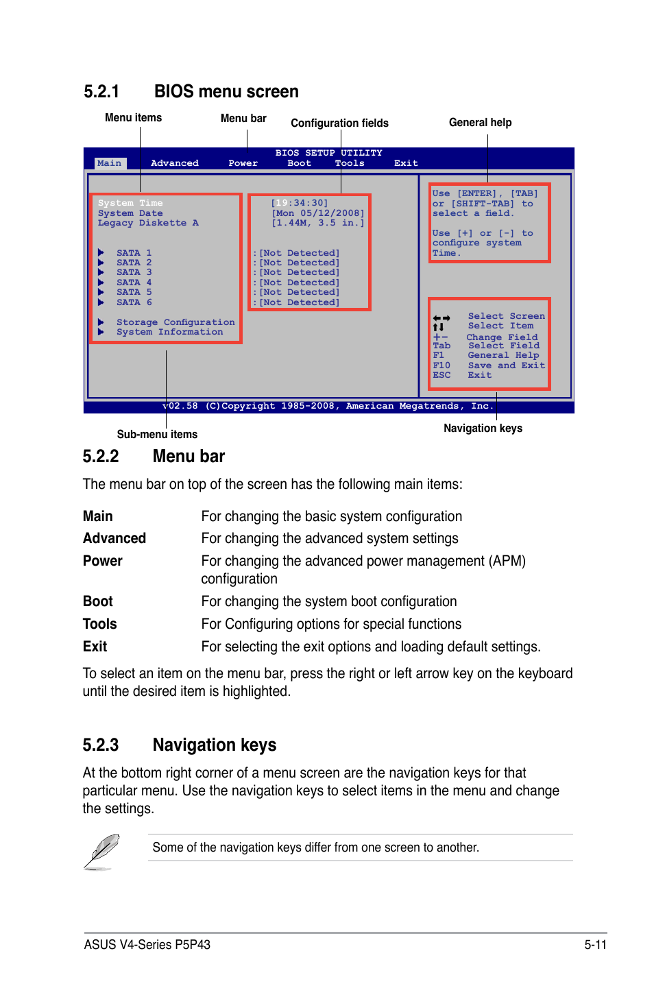 2 menu bar, 3 navigation keys, 1 bios menu screen | Asus V4-P5P43 User Manual | Page 85 / 112