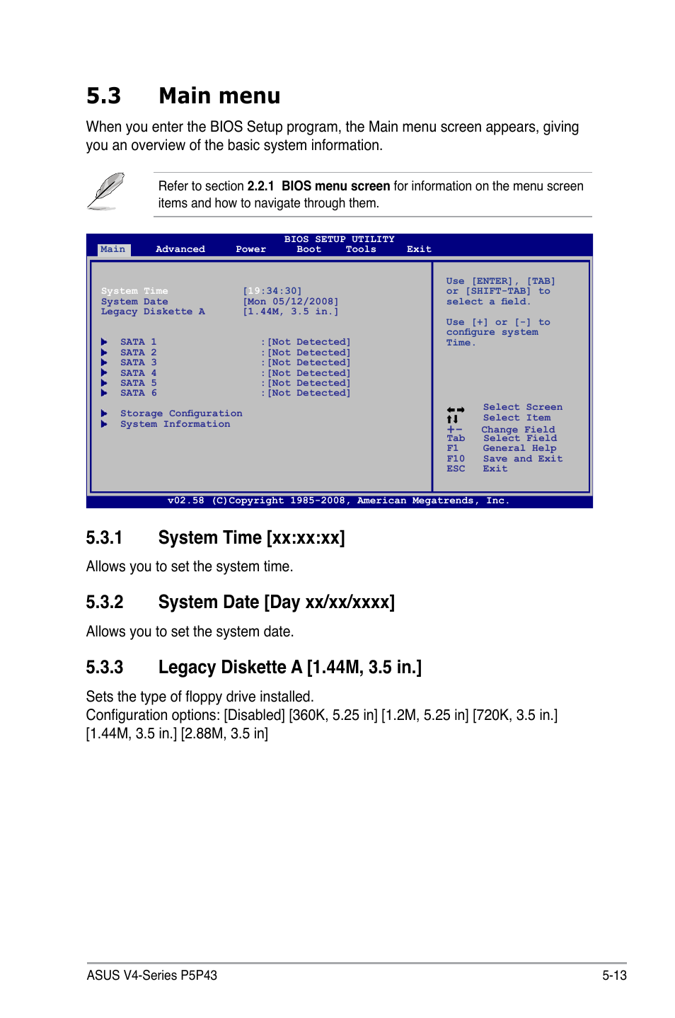 3 main menu, 1 system time [xx:xx:xx, Allows you to set the system time | Allows you to set the system date | Asus V4-P5P43 User Manual | Page 87 / 112