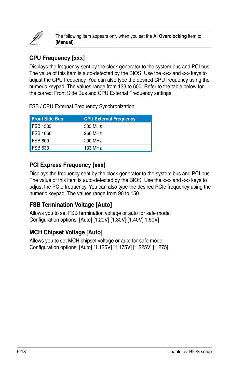 Cpu frequency [xxx, Pci express frequency [xxx, Fsb termination voltage [auto | Mch chipset voltage [auto | Asus V4-P5P43 User Manual | Page 92 / 112