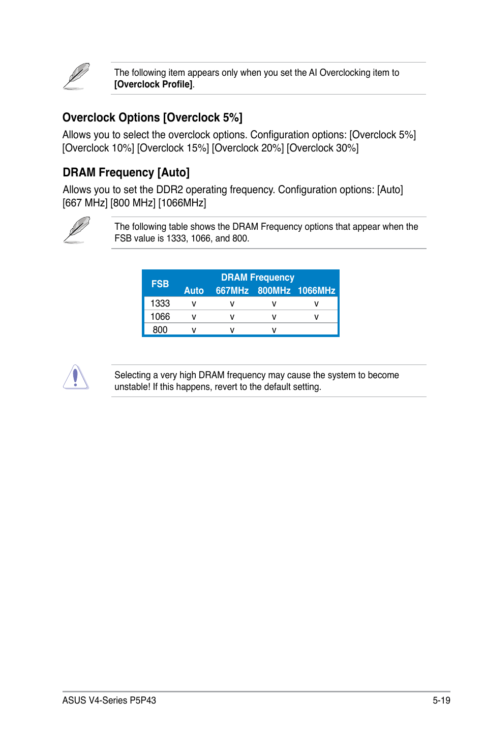 Overclock options [overclock 5, Dram frequency [auto | Asus V4-P5P43 User Manual | Page 93 / 112