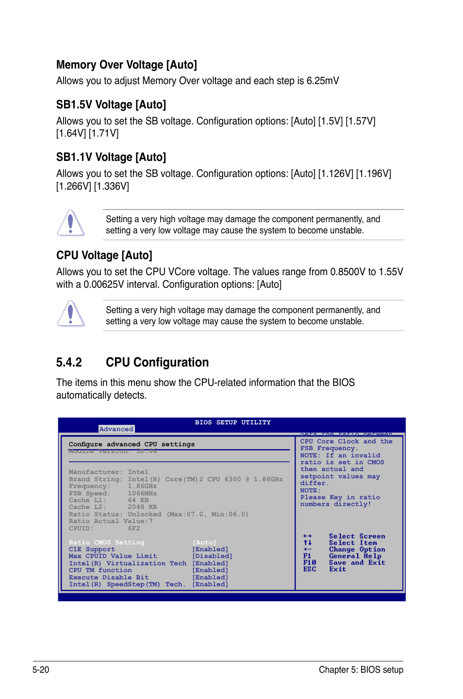 2 cpu configuration, Sb1.5v voltage [auto, Sb1.1v voltage [auto | Cpu voltage [auto | Asus V4-P5P43 User Manual | Page 94 / 112