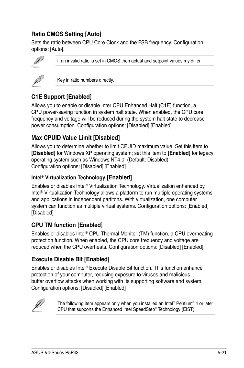 Ratio cmos setting [auto, C1e support [enabled, Max cpuid value limit [disabled | Enabled, Cpu tm function [enabled, Execute disable bit [enabled | Asus V4-P5P43 User Manual | Page 95 / 112
