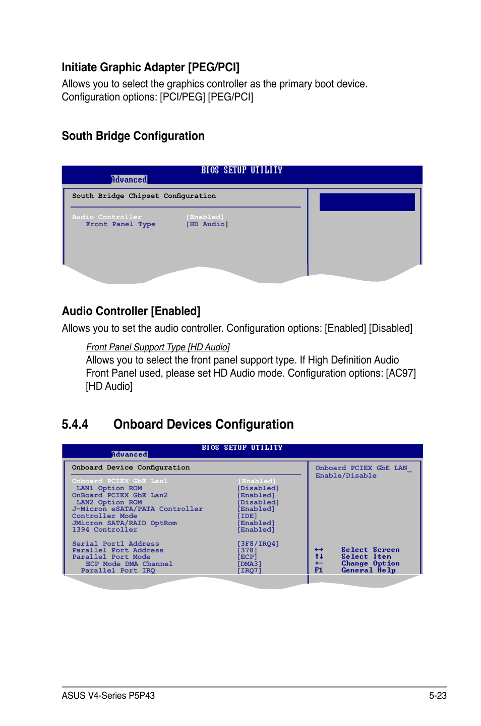 4 onboard devices configuration, Initiate graphic adapter [peg/pci, Front panel support type [hd audio | Asus V4-P5P43 User Manual | Page 97 / 112