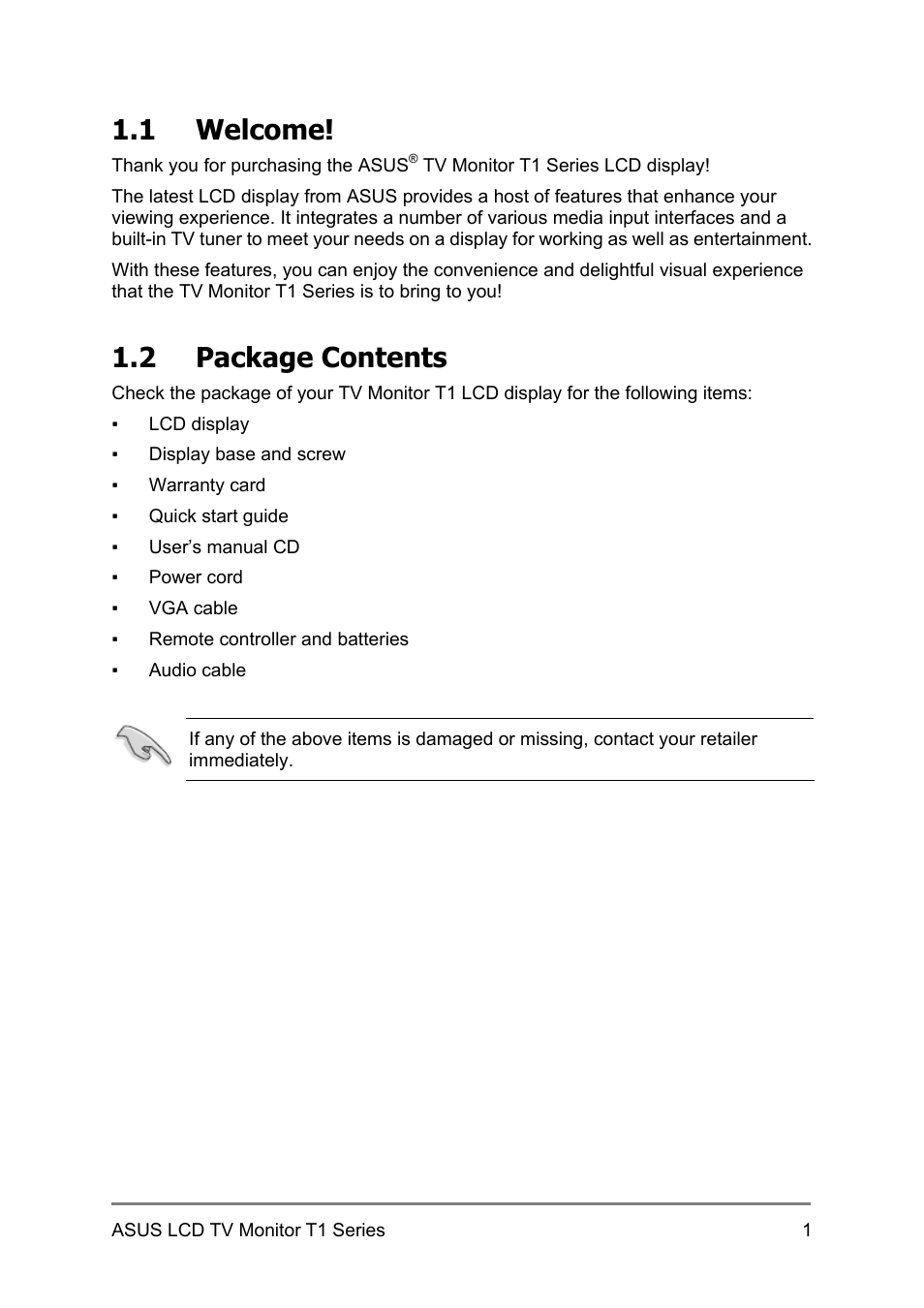 1 welcome, 2 package contents | Asus 27T1E User Manual | Page 11 / 34
