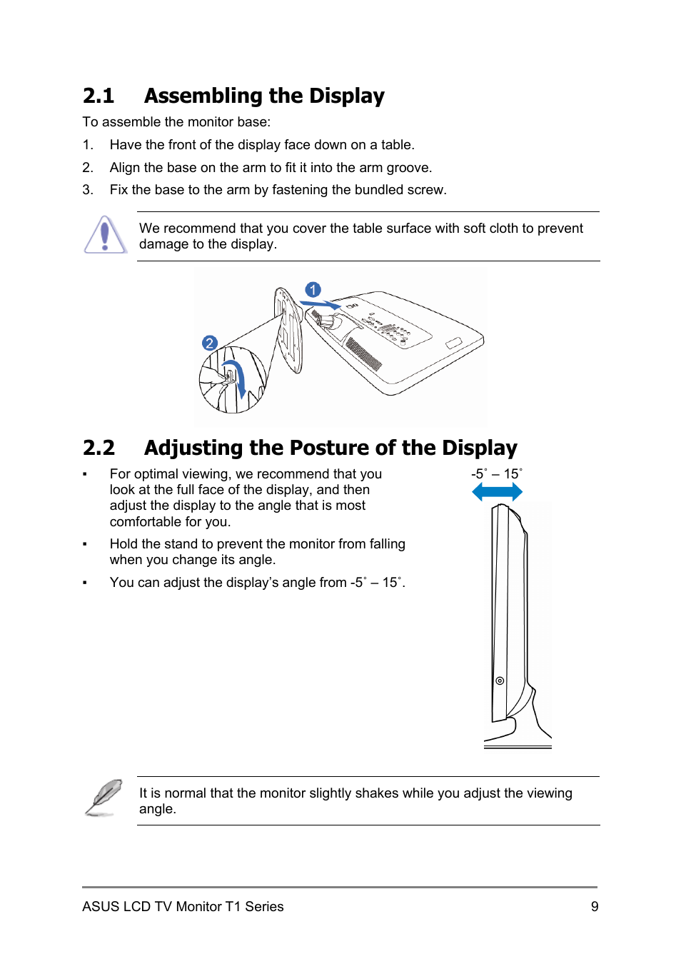 1 assembling the display, 2 adjusting the posture of the display | Asus 27T1E User Manual | Page 19 / 34