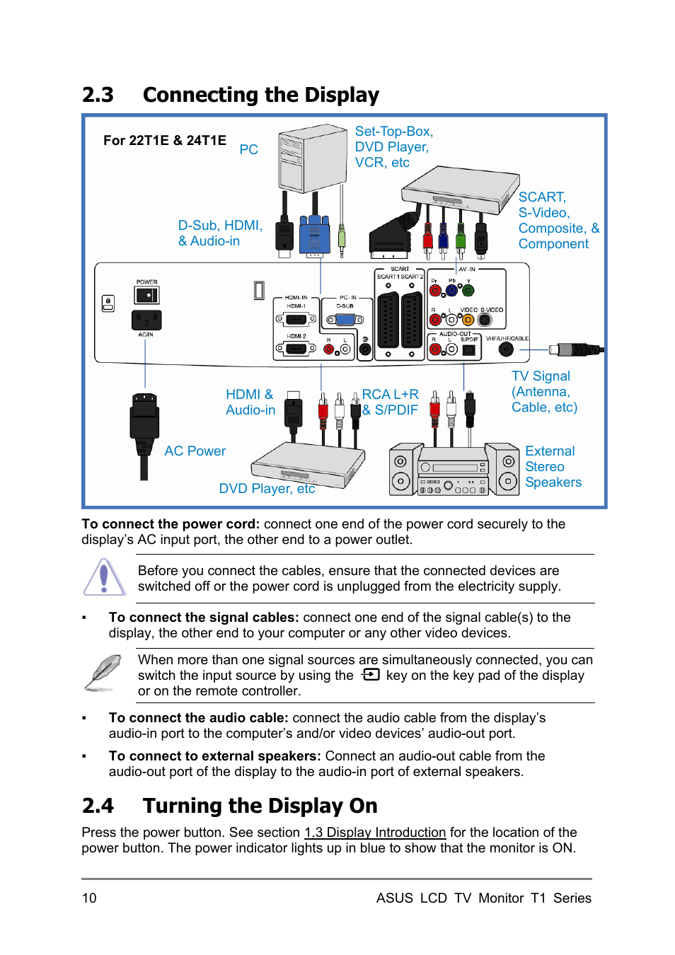 3 connecting the display, 4 turning the display on | Asus 27T1E User Manual | Page 20 / 34