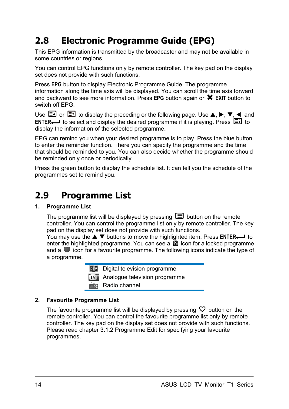8 electronic programme guide (epg), 9 programme list | Asus 27T1E User Manual | Page 24 / 34