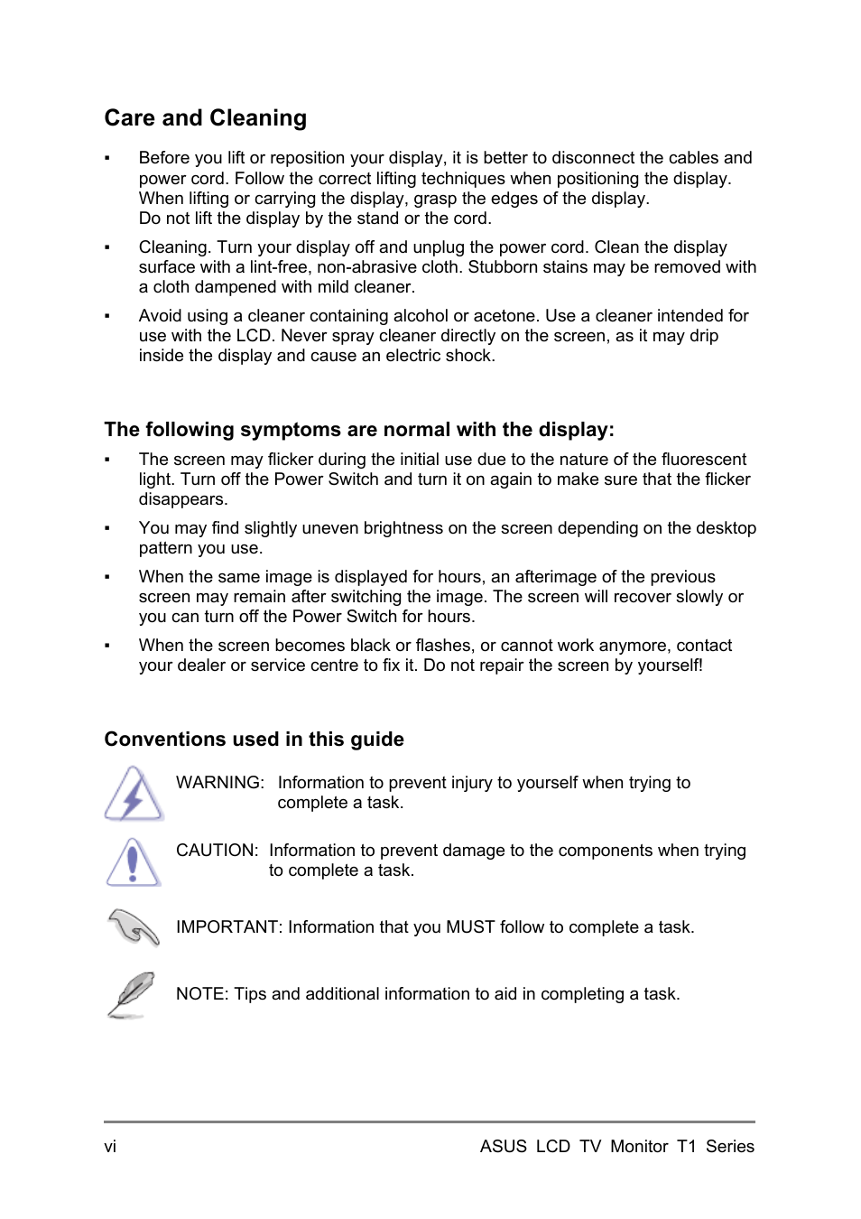 Care and cleaning | Asus 27T1E User Manual | Page 6 / 34