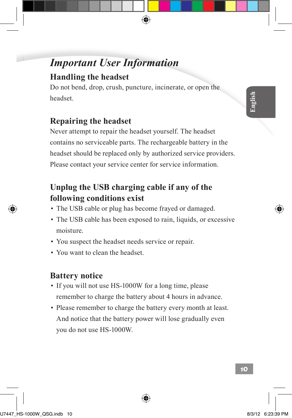 Important user information ––––– 10, Important user information, Handling the headset | Repairing the headset, Battery notice | Asus HS-1000W User Manual | Page 11 / 223