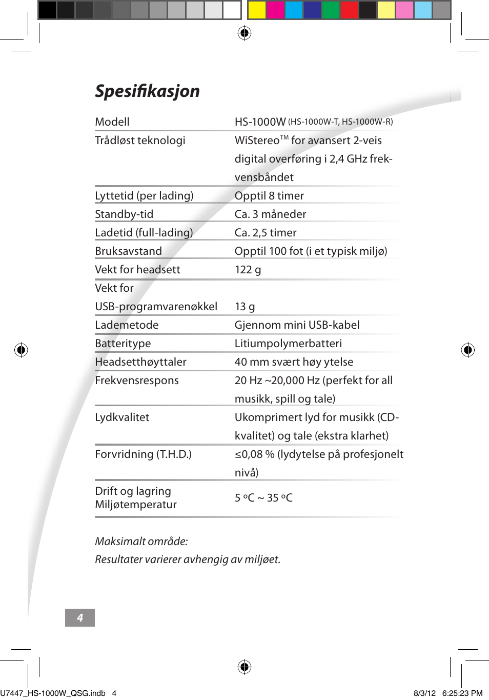 Spesifikasjon, Spesifikasjon ––––– 4 | Asus HS-1000W User Manual | Page 124 / 223