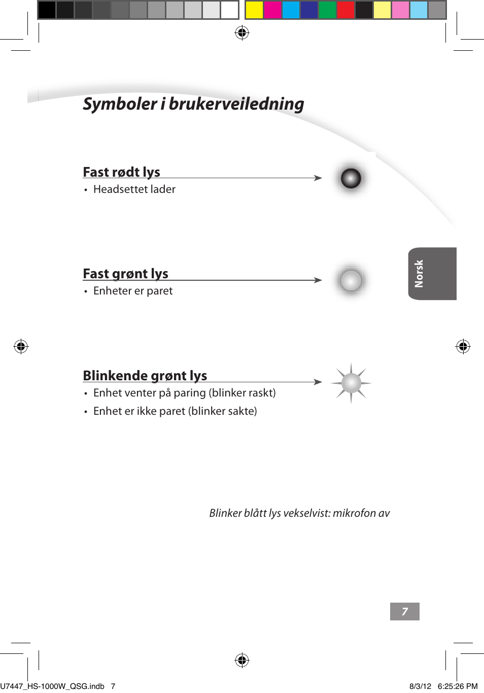 Symboler i brukerveiledning, Symboler i brukerveiledning ––––– 7, Fast rødt lys | Fast grønt lys, Blinkende grønt lys | Asus HS-1000W User Manual | Page 127 / 223