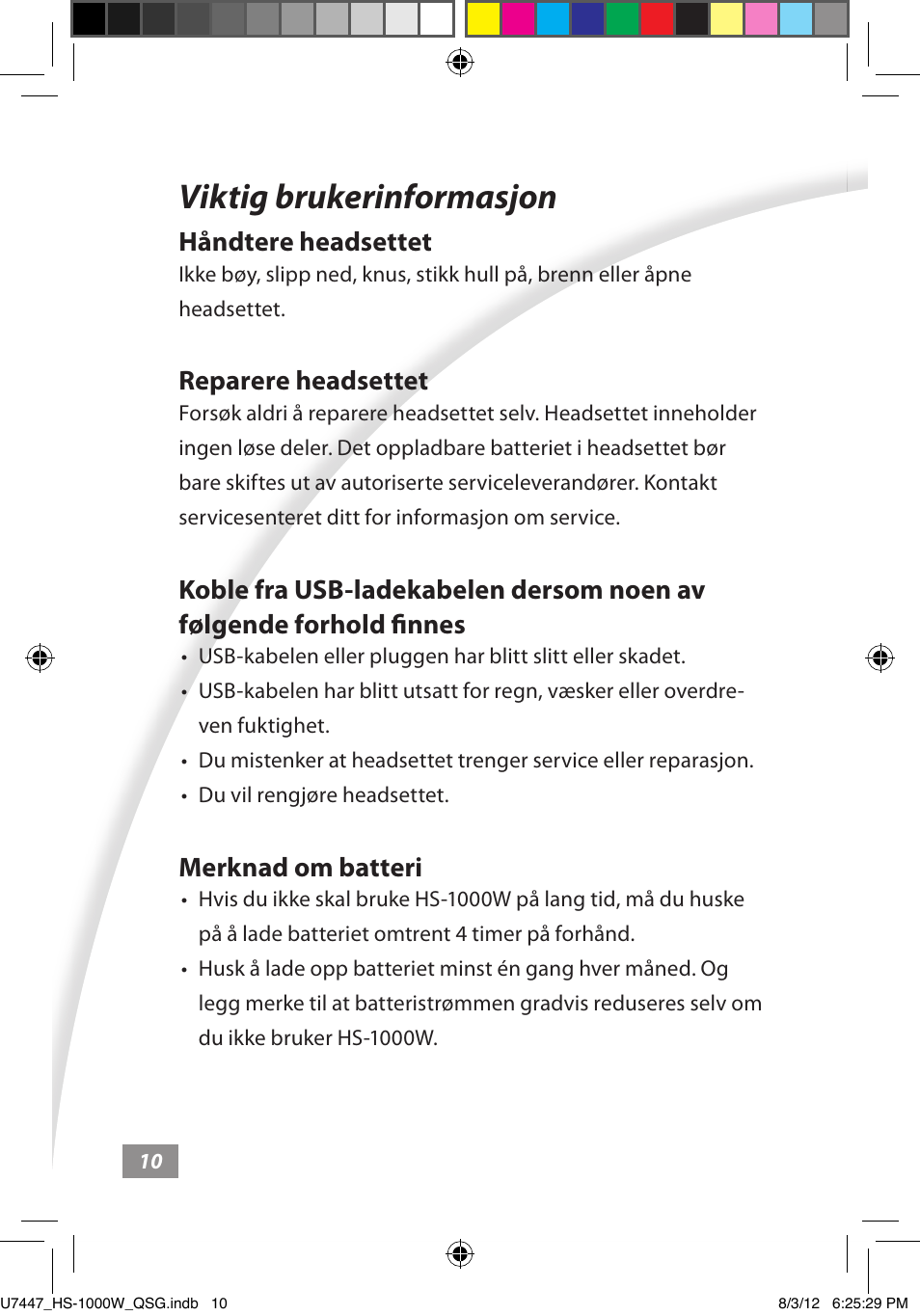 Viktig brukerinformasjon, Viktig brukerinformasjon ––––– 10, Håndtere headsettet | Reparere headsettet, Merknad om batteri | Asus HS-1000W User Manual | Page 130 / 223