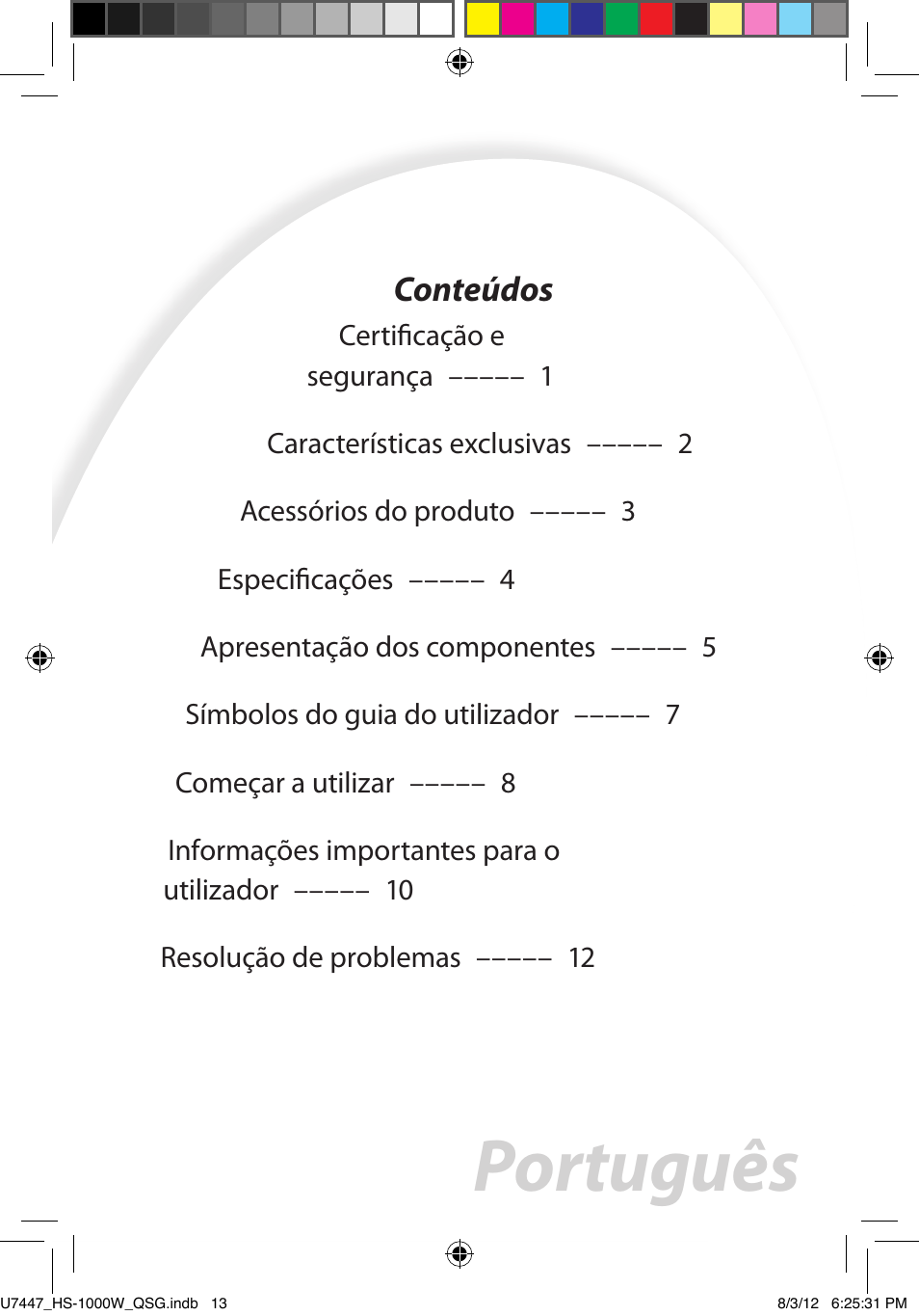 Português, Conteúdos | Asus HS-1000W User Manual | Page 133 / 223