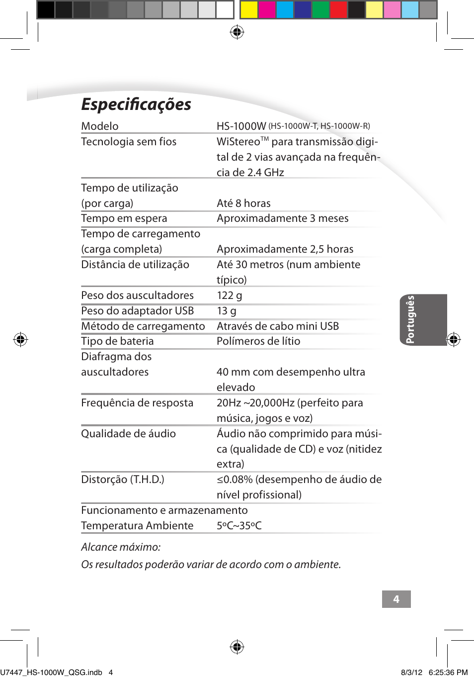 Especificações, Especificações ––––– 4 | Asus HS-1000W User Manual | Page 137 / 223