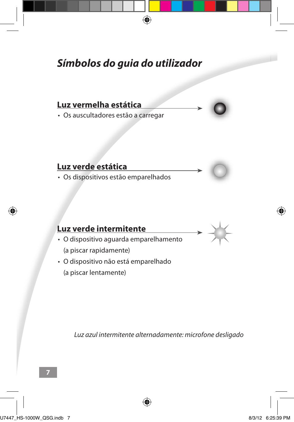 Símbolos do guia do utilizador, Símbolos do guia do utilizador ––––– 7, Luz vermelha estática | Luz verde estática, Luz verde intermitente | Asus HS-1000W User Manual | Page 140 / 223