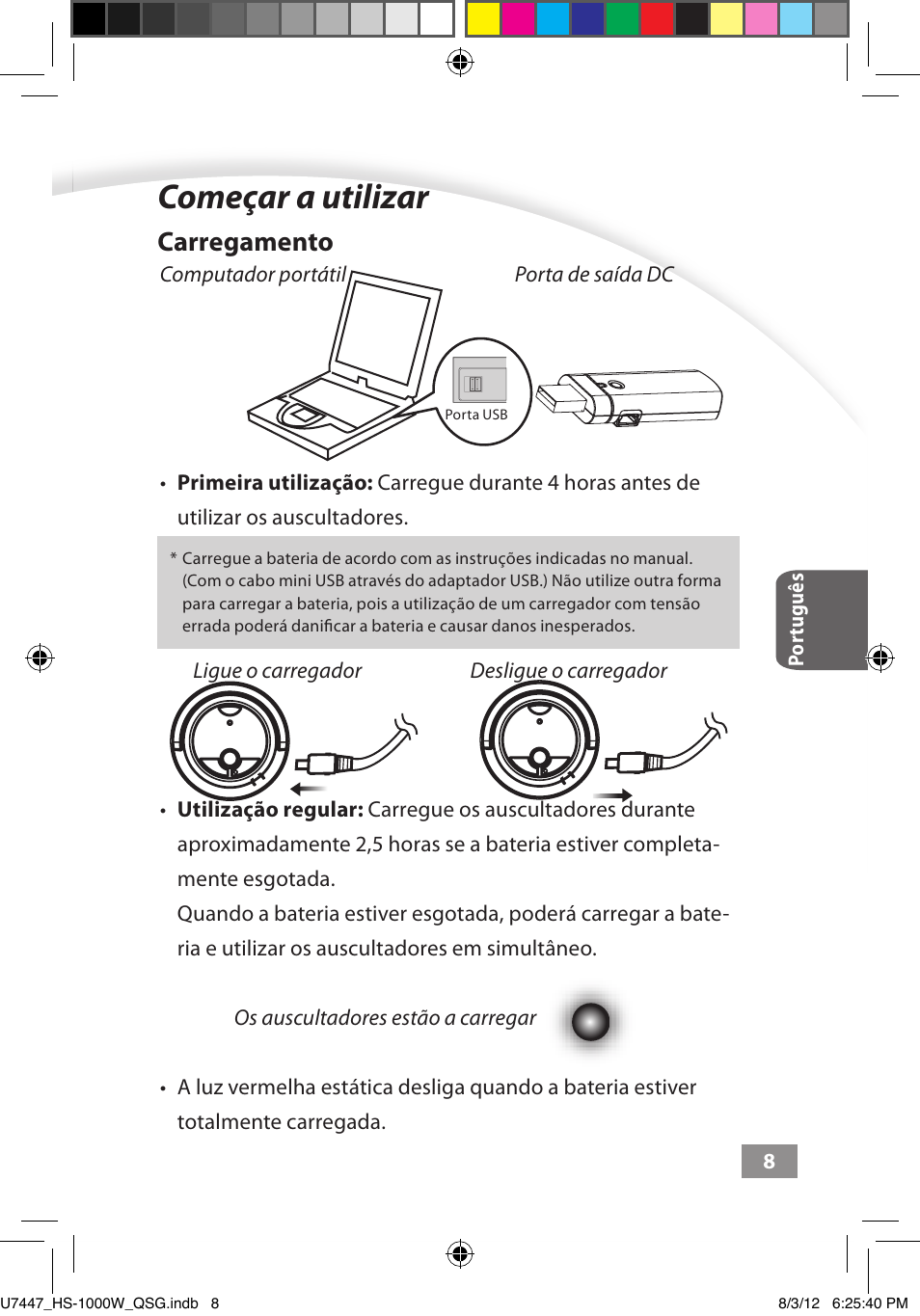 Começar a utilizar, Começar a utilizar ––––– 8, Carregamento | Asus HS-1000W User Manual | Page 141 / 223