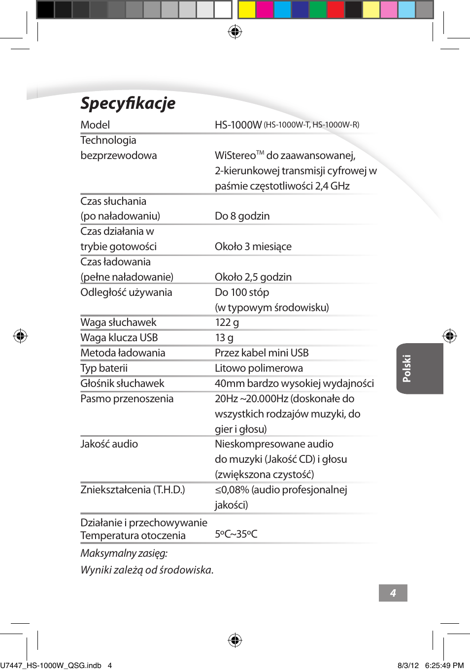 Specyfikacje, Specyfikacje ––––– 4 | Asus HS-1000W User Manual | Page 150 / 223