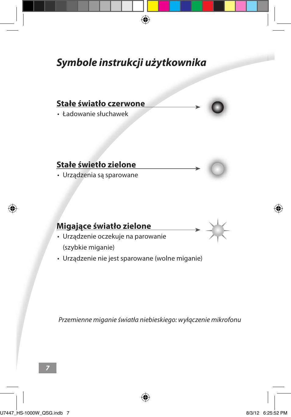 Symbole instrukcji użytkownika, Symbole instrukcji użytkownika ––––– 7, Stałe światło czerwone | Stałe świetło zielone, Migające światło zielone | Asus HS-1000W User Manual | Page 153 / 223