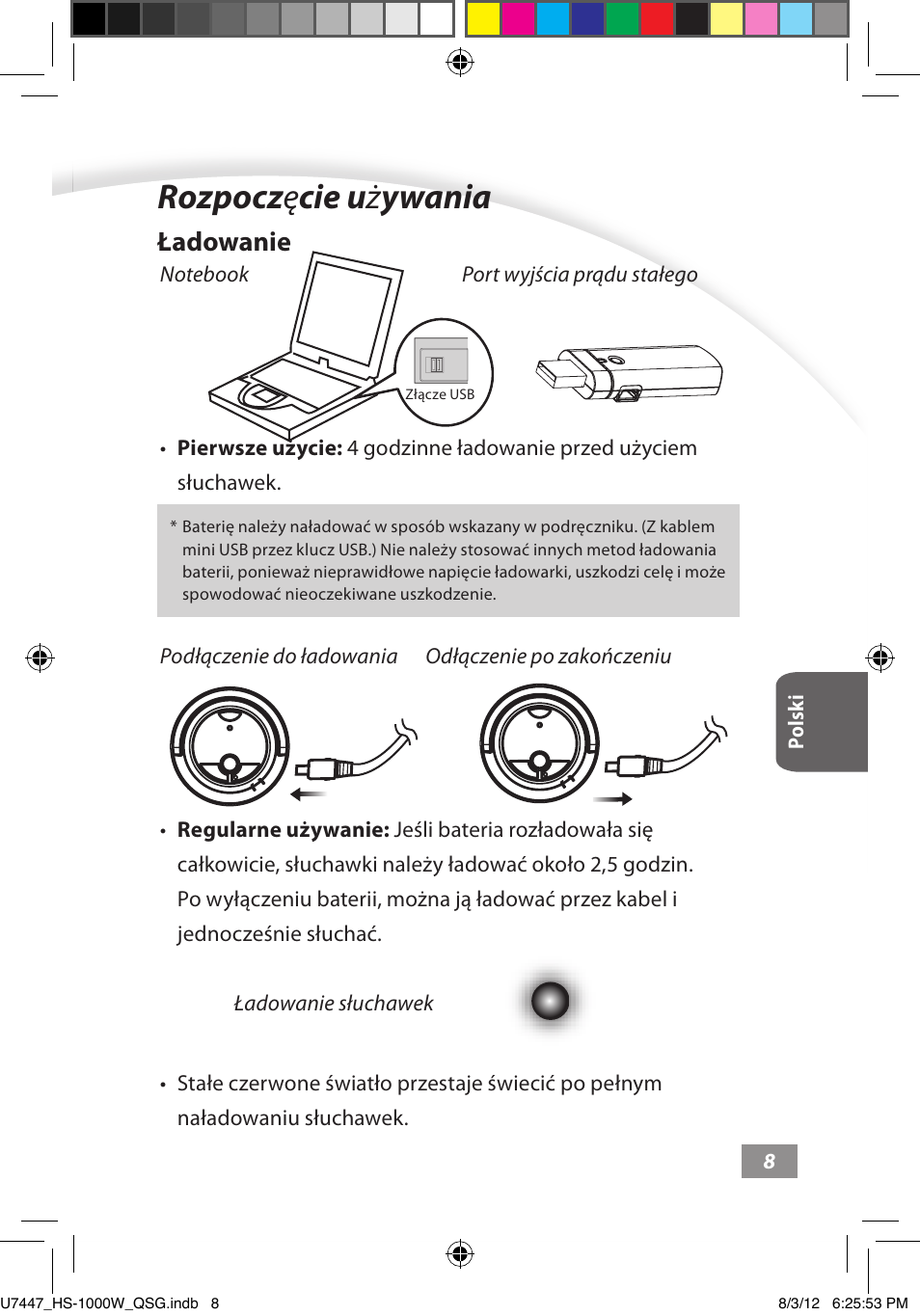 Rozpoczęcie używania, Rozpoczęcie używania ––––– 8, Rozpocz ę cie u ż ywania | Ładowanie | Asus HS-1000W User Manual | Page 154 / 223