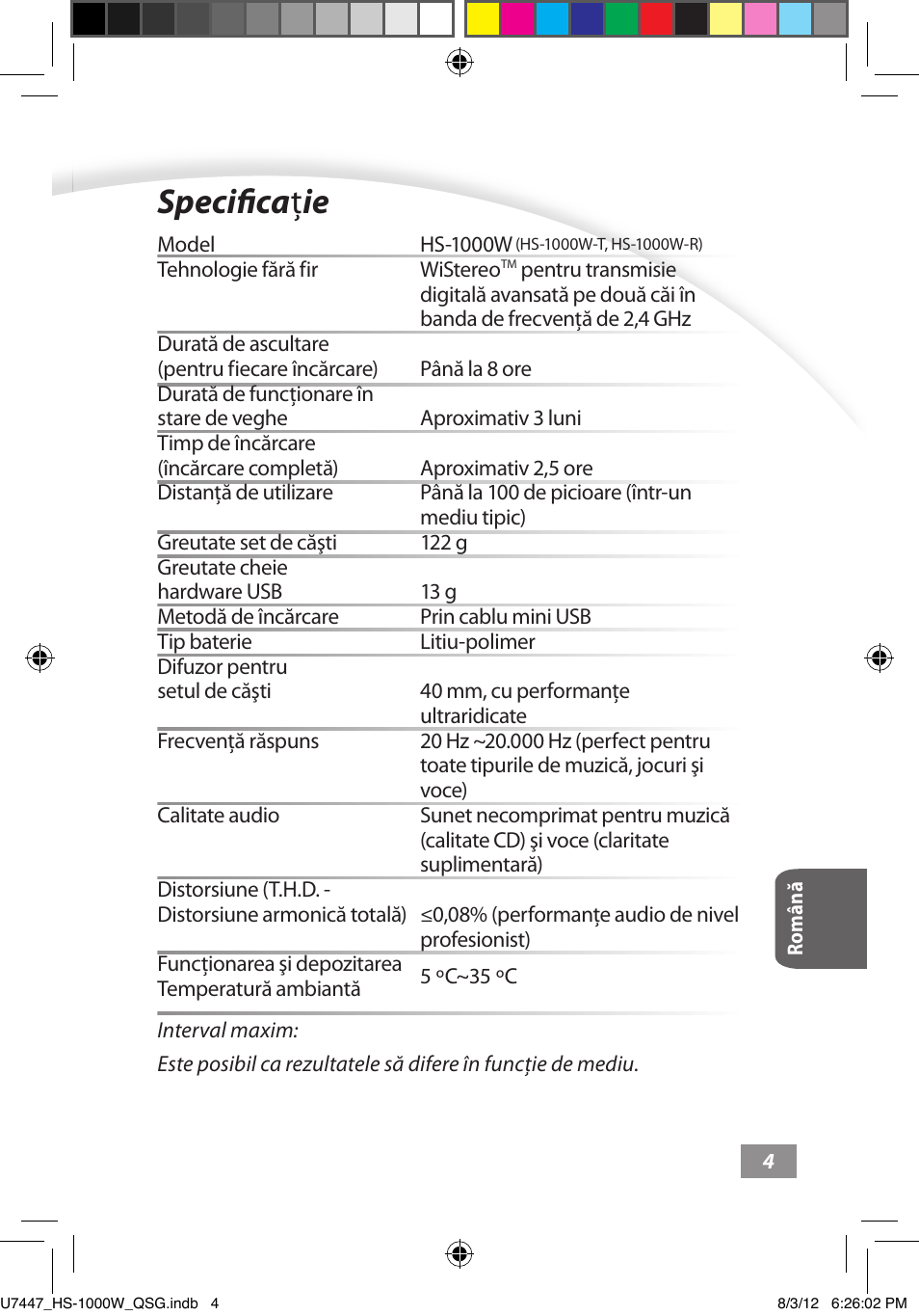 Specificaţie, Specificaţie ––––– 4, Specifica ţ ie | Asus HS-1000W User Manual | Page 163 / 223