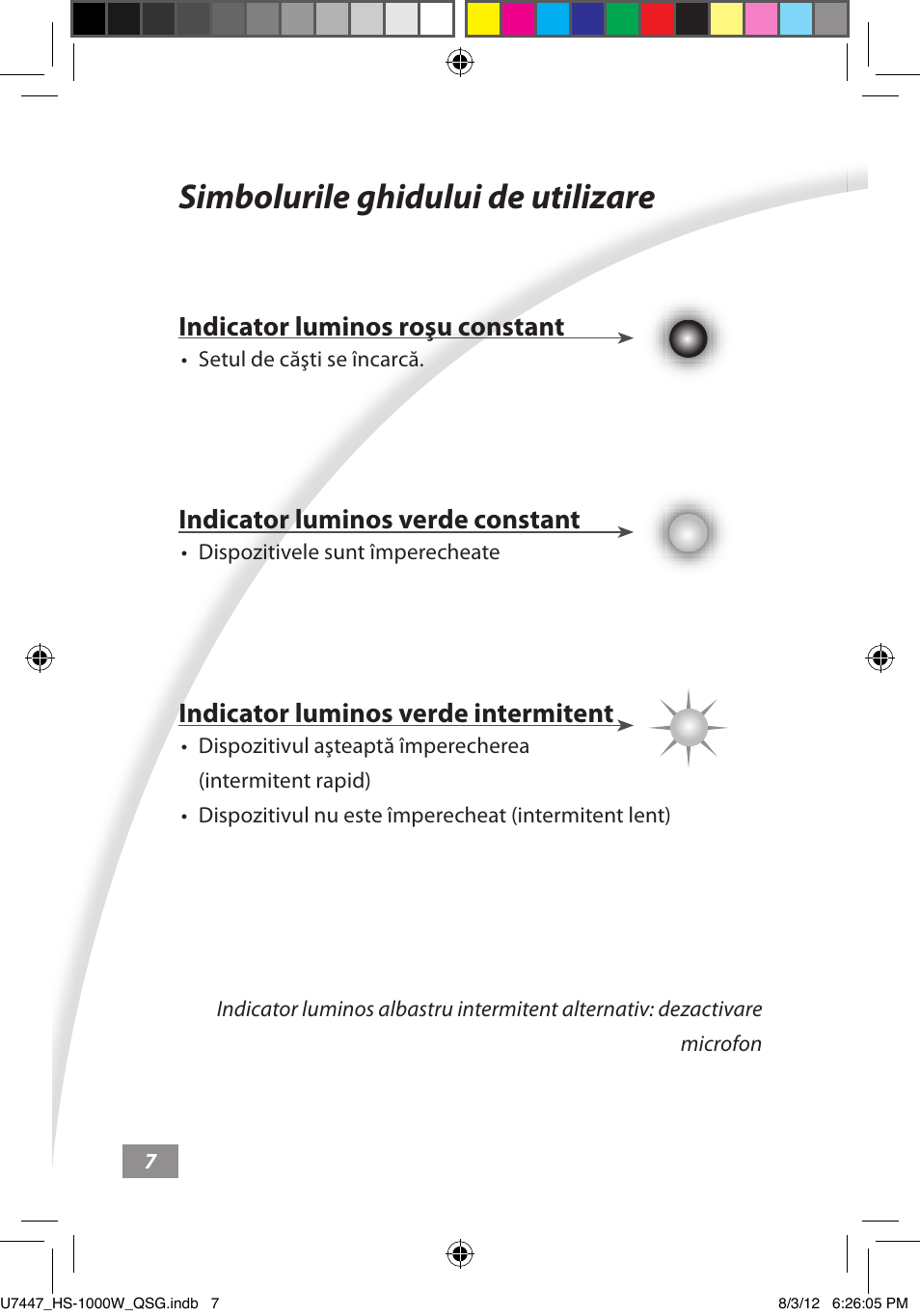 Simbolurile ghidului de utilizare, Simbolurile ghidului de utilizare ––––– 7, Indicator luminos roşu constant | Indicator luminos verde constant, Indicator luminos verde intermitent | Asus HS-1000W User Manual | Page 166 / 223