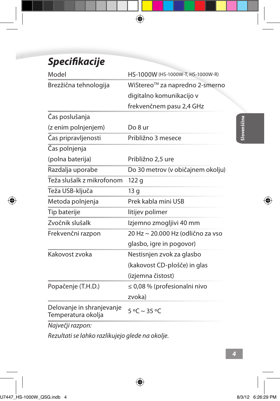 Specifikacije, Specifikacije ––––– 4 | Asus HS-1000W User Manual | Page 189 / 223