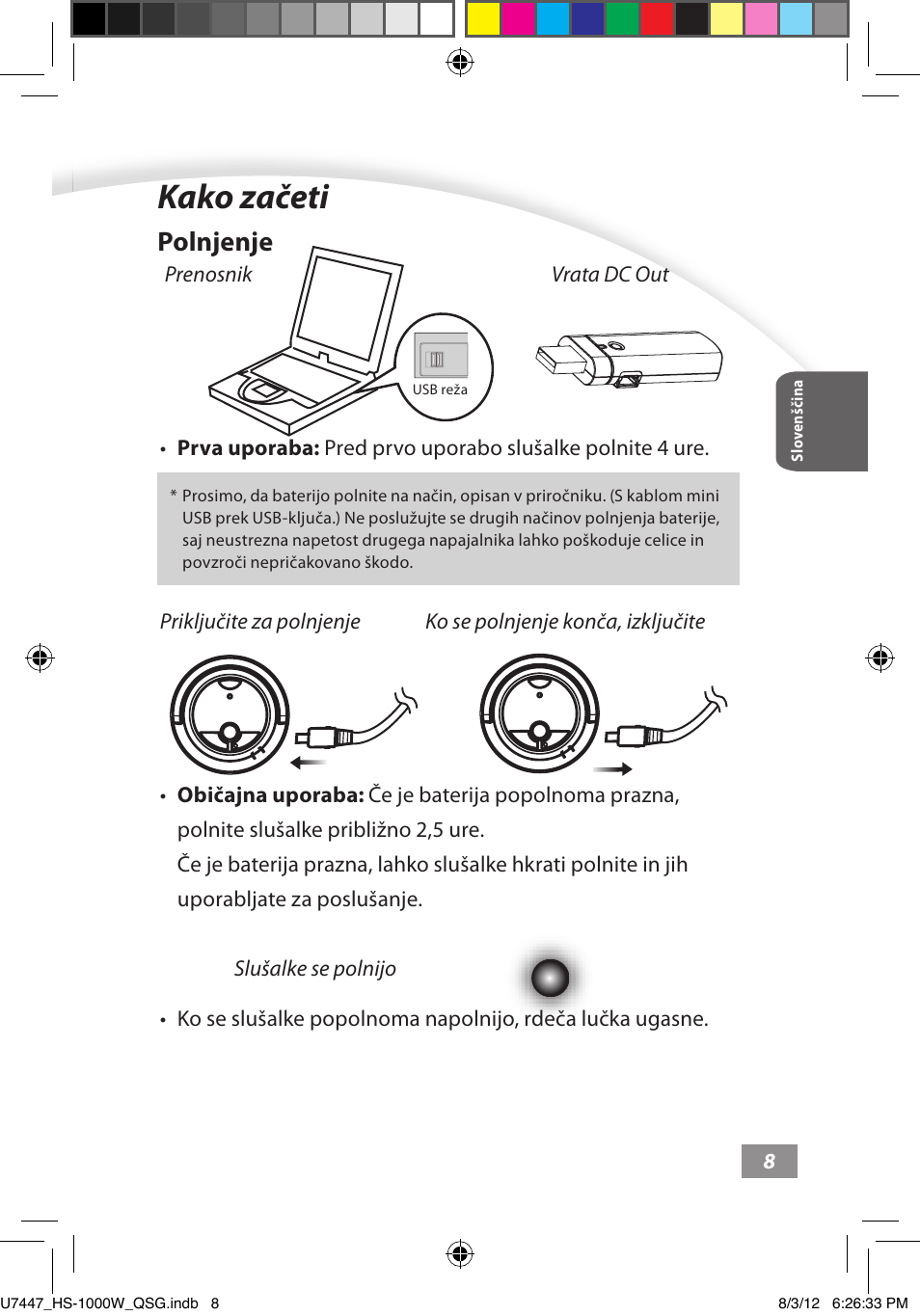 Kako začeti, Kako začeti ––––– 8, Polnjenje | Asus HS-1000W User Manual | Page 193 / 223