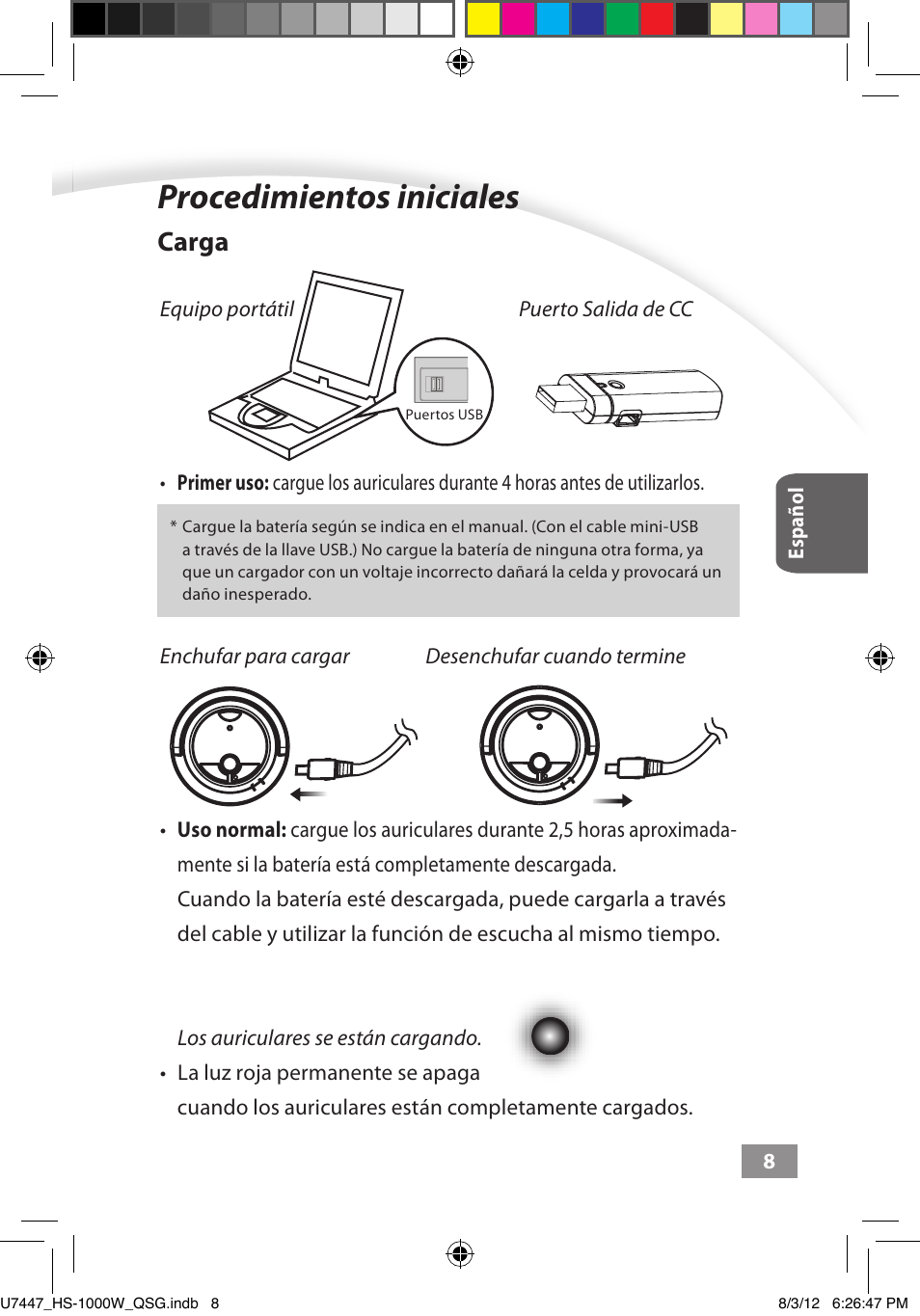 Procedimientos iniciales, Procedimientos iniciales ––––– 8, Carga | Asus HS-1000W User Manual | Page 206 / 223