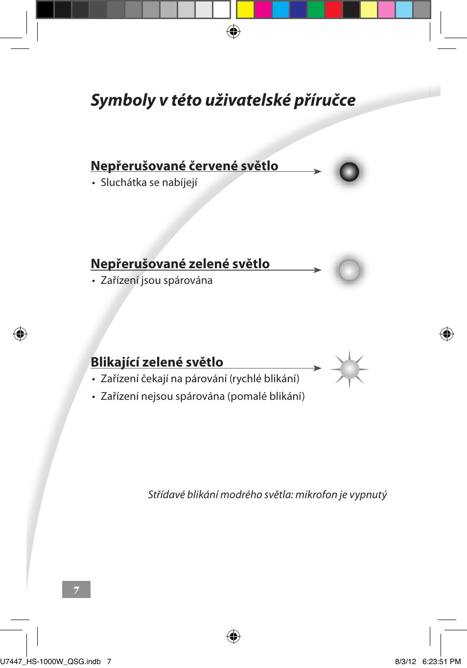 Symboly v této uživatelské příručce, Symboly v této uživatelské příručce ––––– 7, Nepřerušované červené světlo | Nepřerušované zelené světlo, Blikající zelené světlo | Asus HS-1000W User Manual | Page 21 / 223