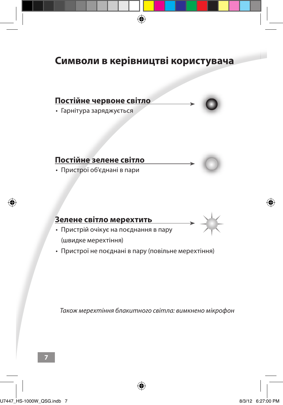 Символи в керівництві користувача, Символи в керівництві, Користувача ––––– 7 | Постійне червоне світло, Постійне зелене світло, Зелене світло мерехтить | Asus HS-1000W User Manual | Page 218 / 223