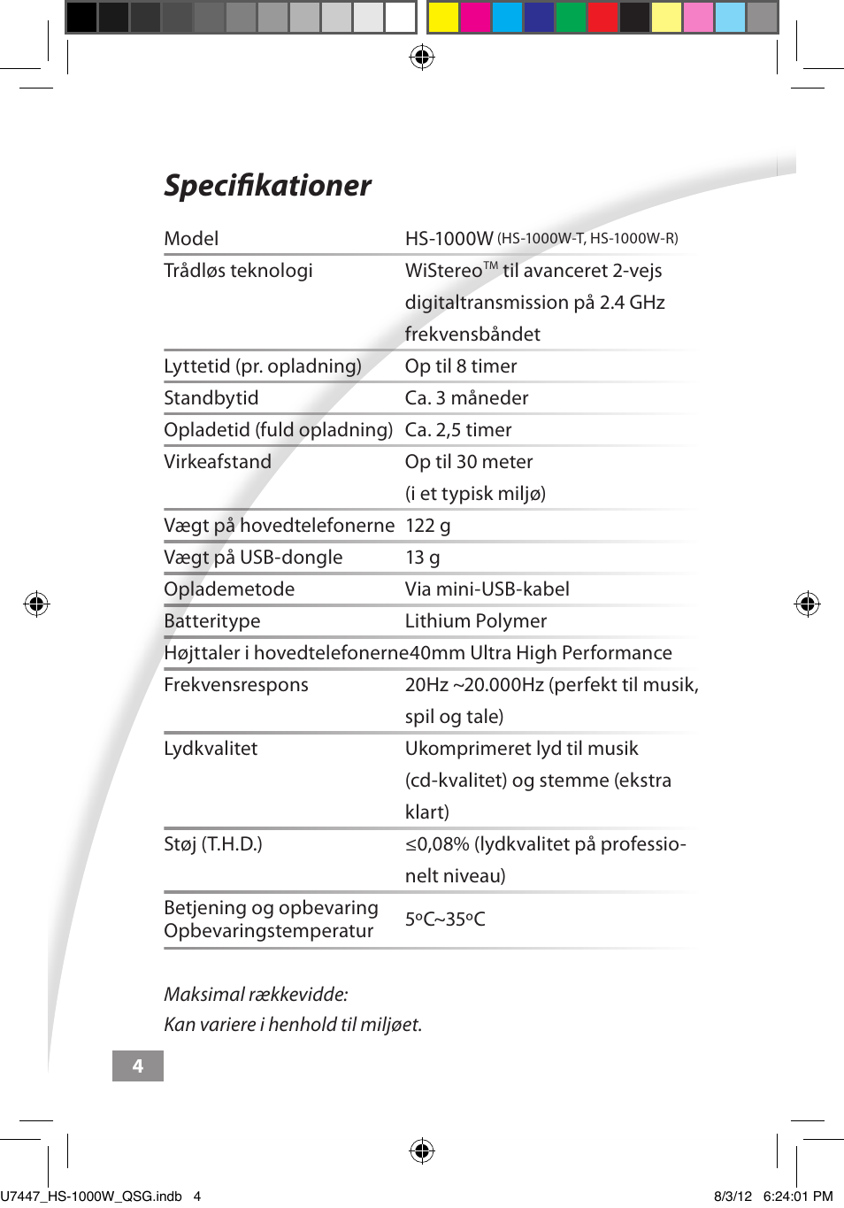 Specifikationer, Specifikationer ––––– 4 | Asus HS-1000W User Manual | Page 31 / 223