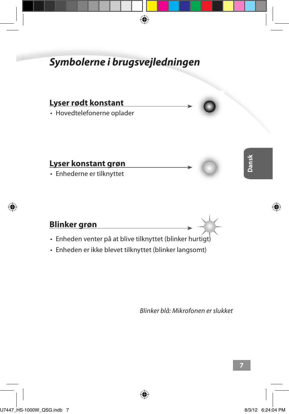 Symbolerne i brugsvejledningen, Symbolerne i brugsvejledningen ––––– 7, Lyser rødt konstant | Lyser konstant grøn, Blinker grøn | Asus HS-1000W User Manual | Page 34 / 223