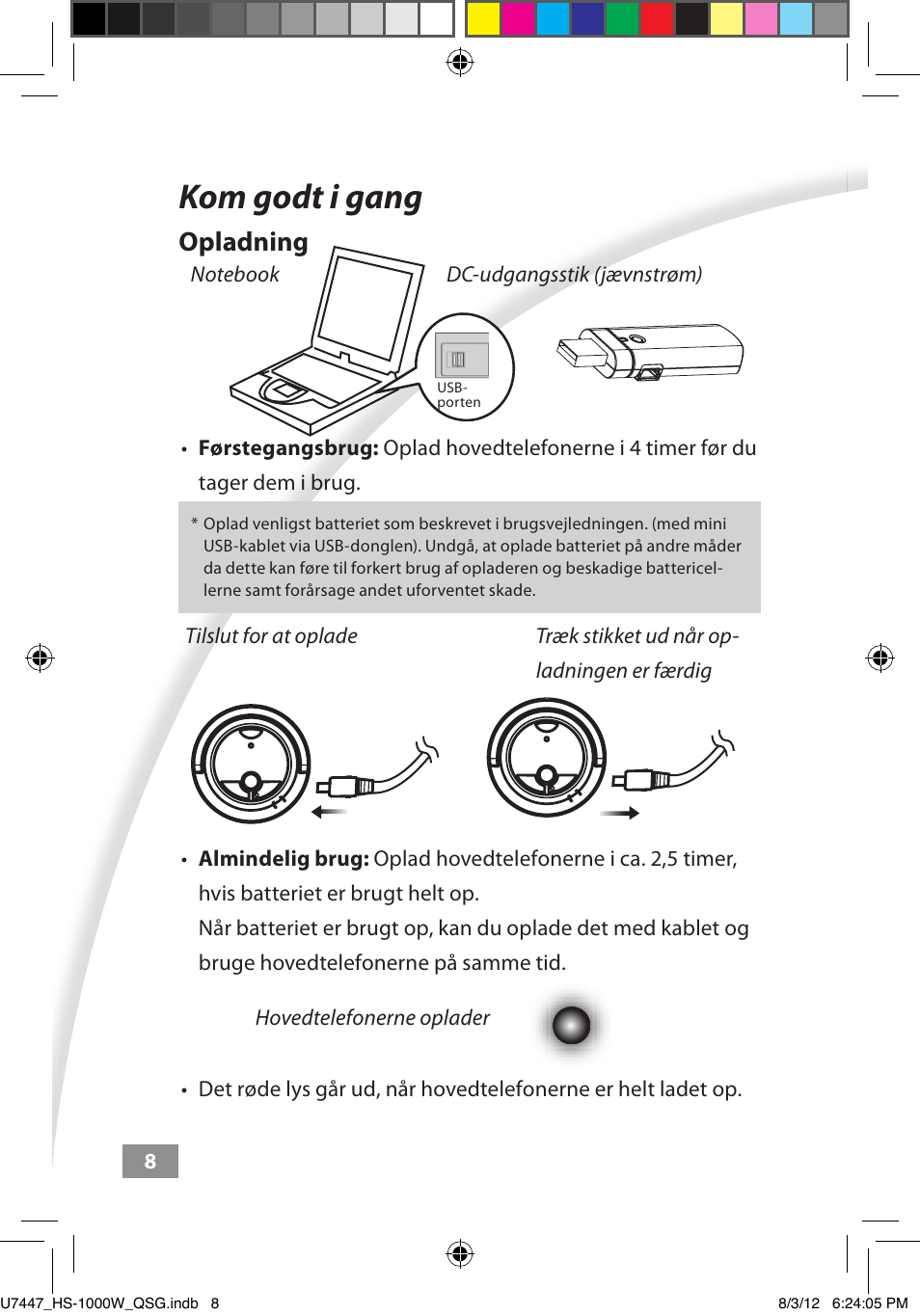 Kom godt i gang, Kom godt i gang ––––– 8, Opladning | Asus HS-1000W User Manual | Page 35 / 223