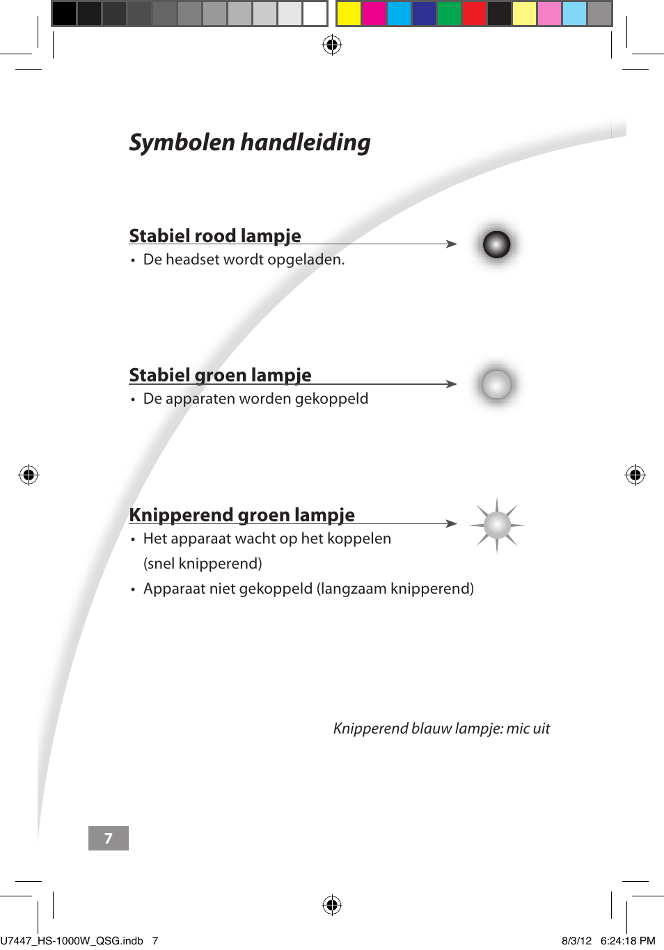 Symbolen handleiding, Symbolen handleiding ––––– 7, Stabiel rood lampje | Stabiel groen lampje, Knipperend groen lampje | Asus HS-1000W User Manual | Page 47 / 223