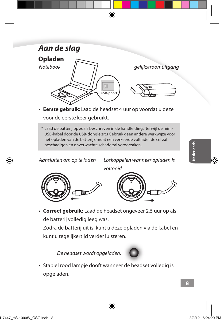 Aan de slag, Aan de slag ––––– 8, Opladen | Asus HS-1000W User Manual | Page 48 / 223