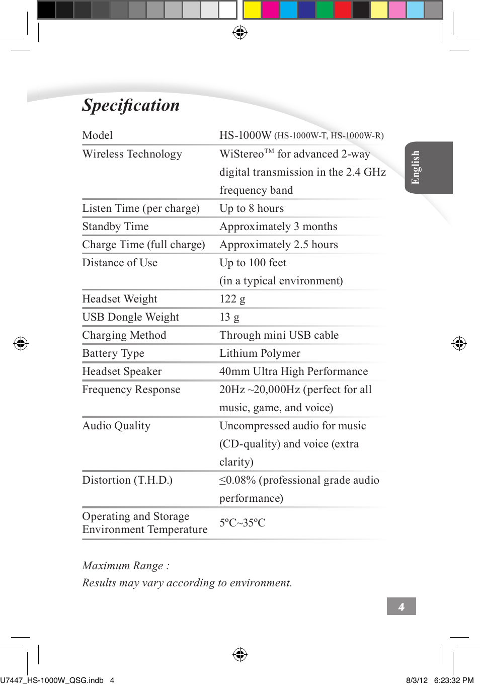 Specification ––––– 4, Specification | Asus HS-1000W User Manual | Page 5 / 223