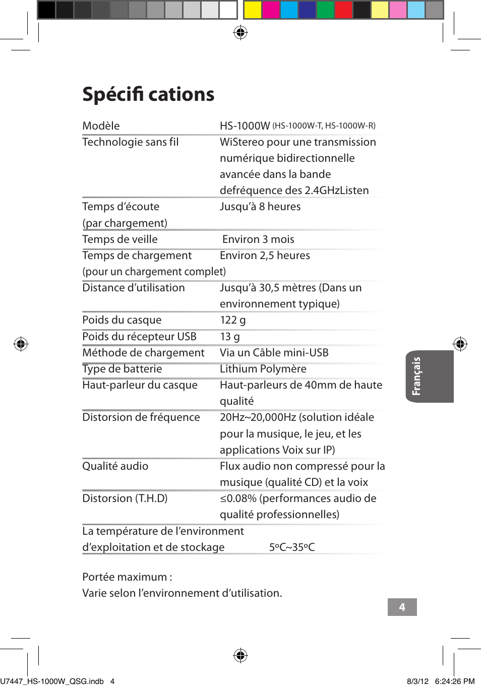 Spécifi cations | Asus HS-1000W User Manual | Page 57 / 223