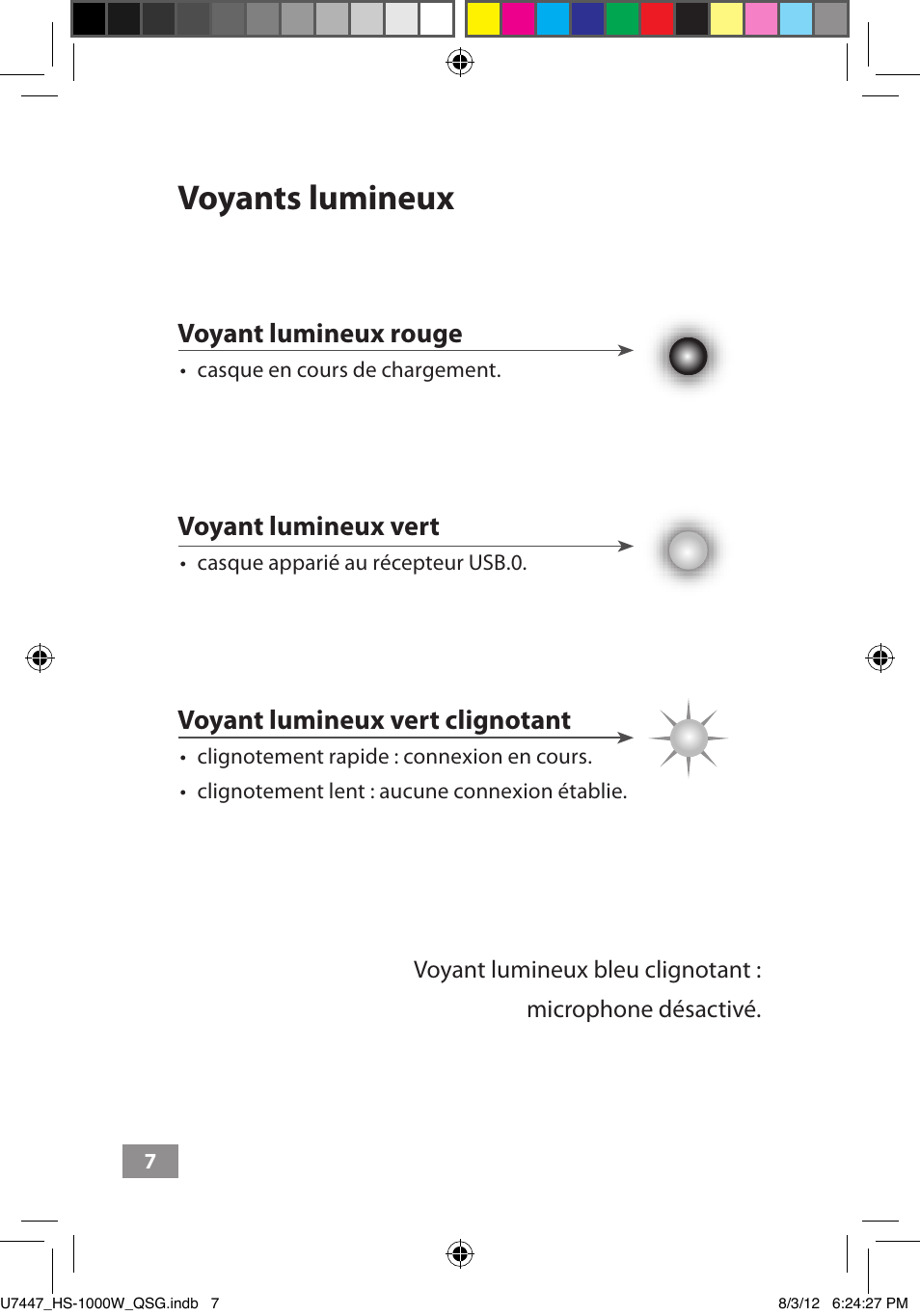 Voyants lumineux, Voyant lumineux rouge, Voyant lumineux vert | Voyant lumineux vert clignotant | Asus HS-1000W User Manual | Page 60 / 223