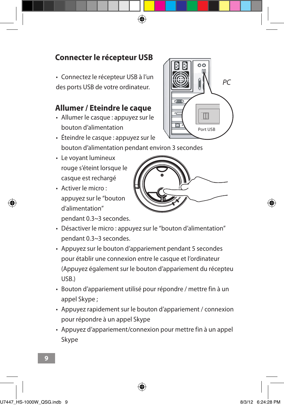 Connecter le récepteur usb, Allumer / eteindre le caque | Asus HS-1000W User Manual | Page 62 / 223