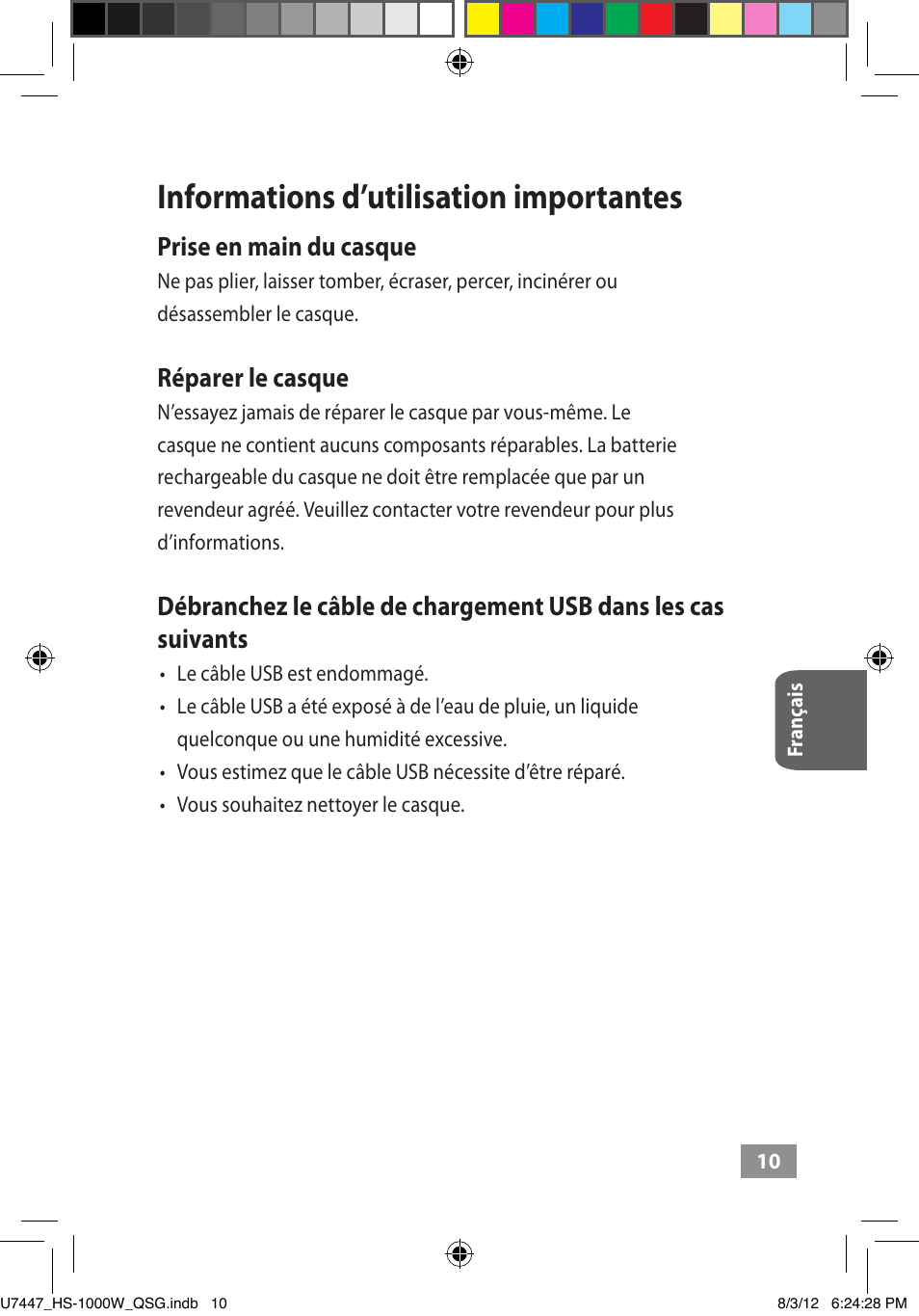 Informations d’utilisation importantes, Prise en main du casque, Réparer le casque | Asus HS-1000W User Manual | Page 63 / 223