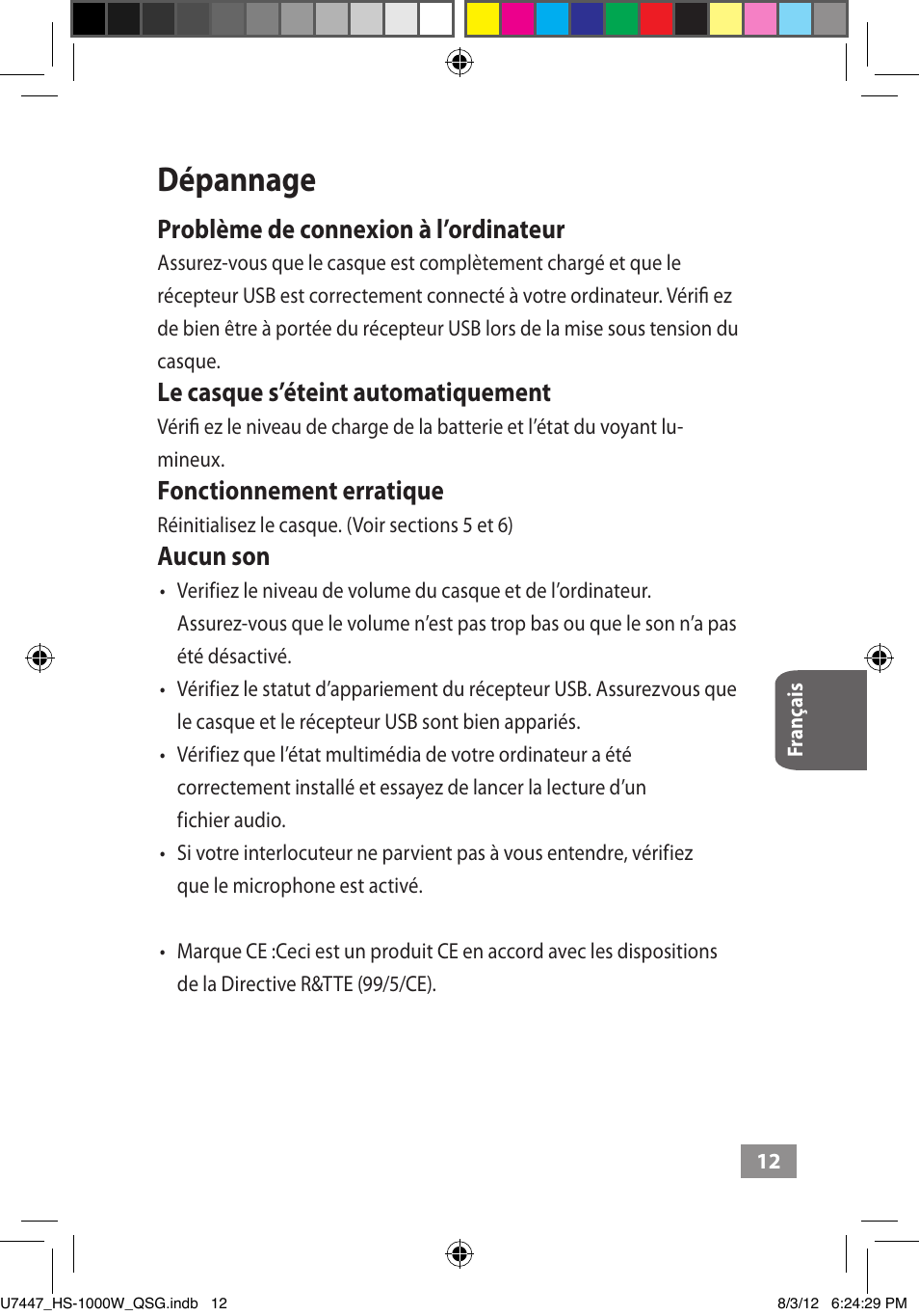 Dépannage, Problème de connexion à l’ordinateur, Le casque s’éteint automatiquement | Fonctionnement erratique, Aucun son | Asus HS-1000W User Manual | Page 65 / 223